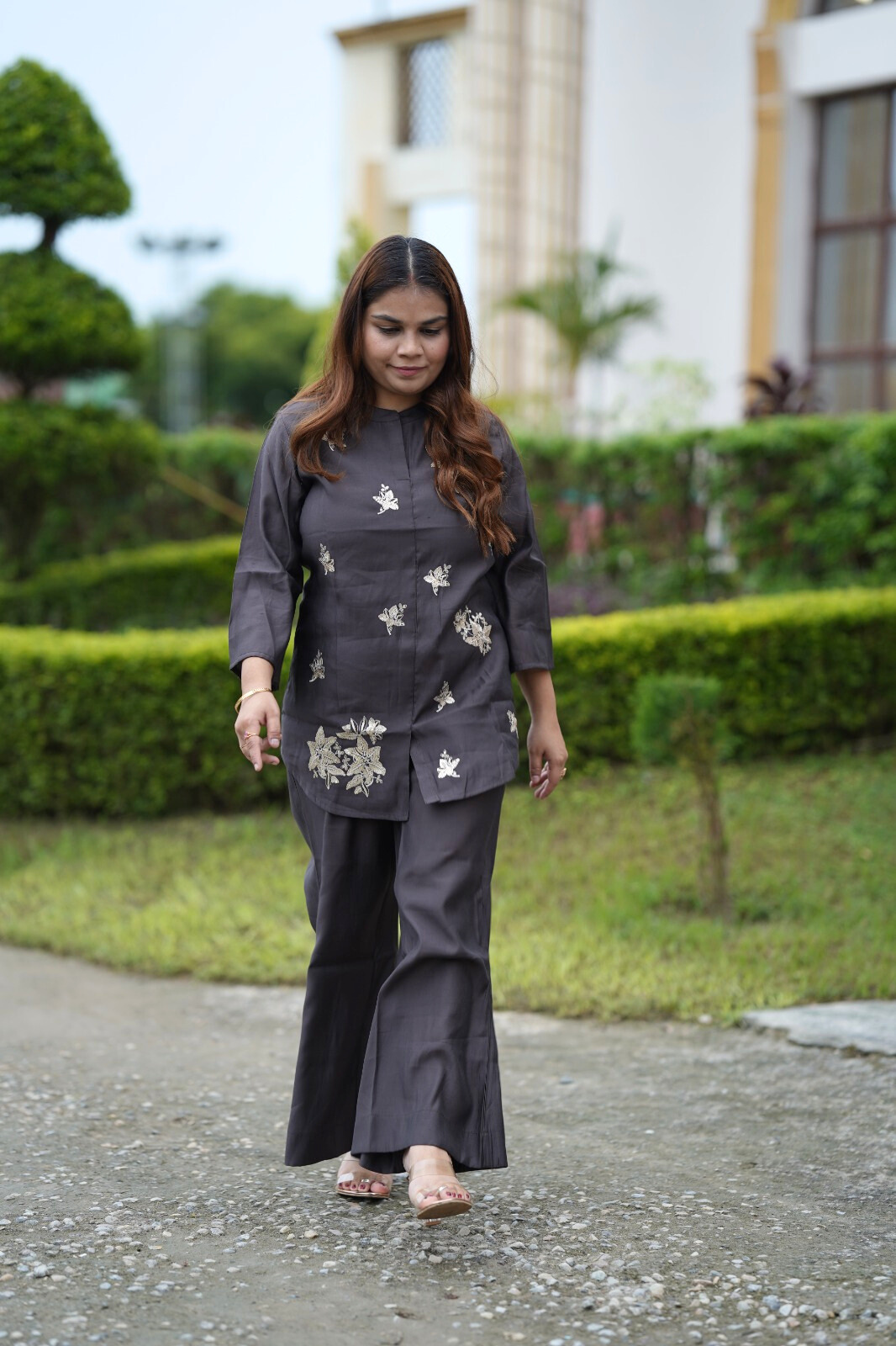 Elegant Grey Silk Co-ord Set with Sequins Work