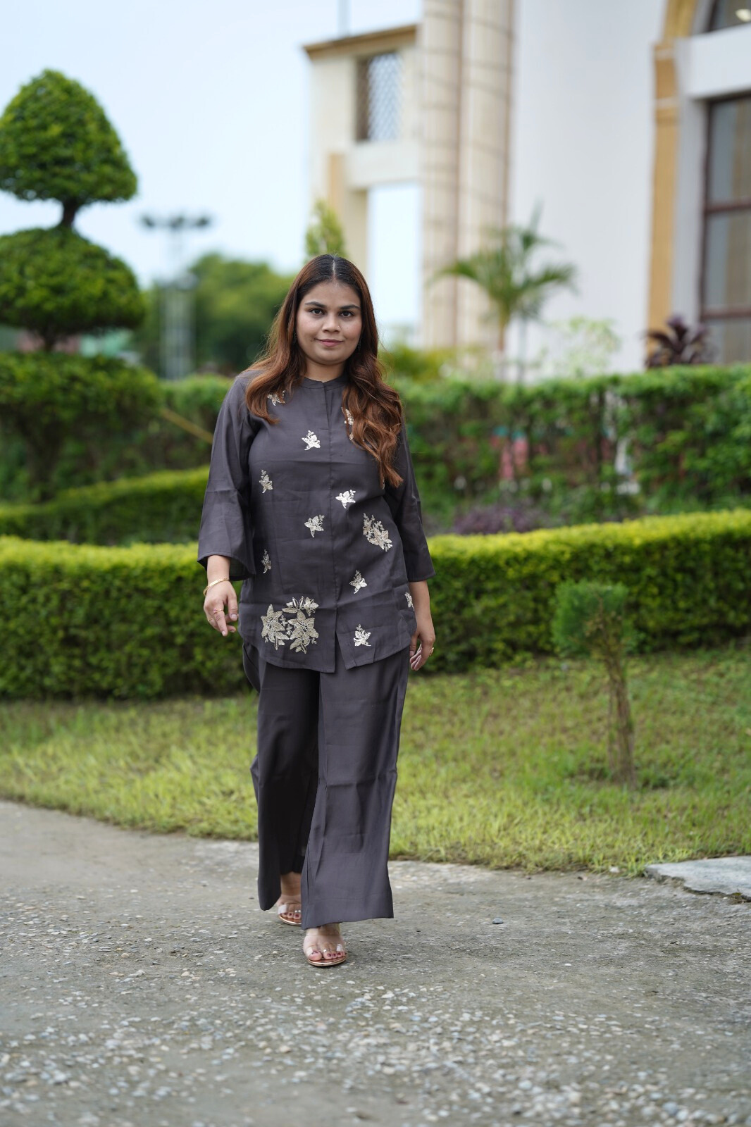 Elegant Grey Silk Co-ord Set with Sequins Work