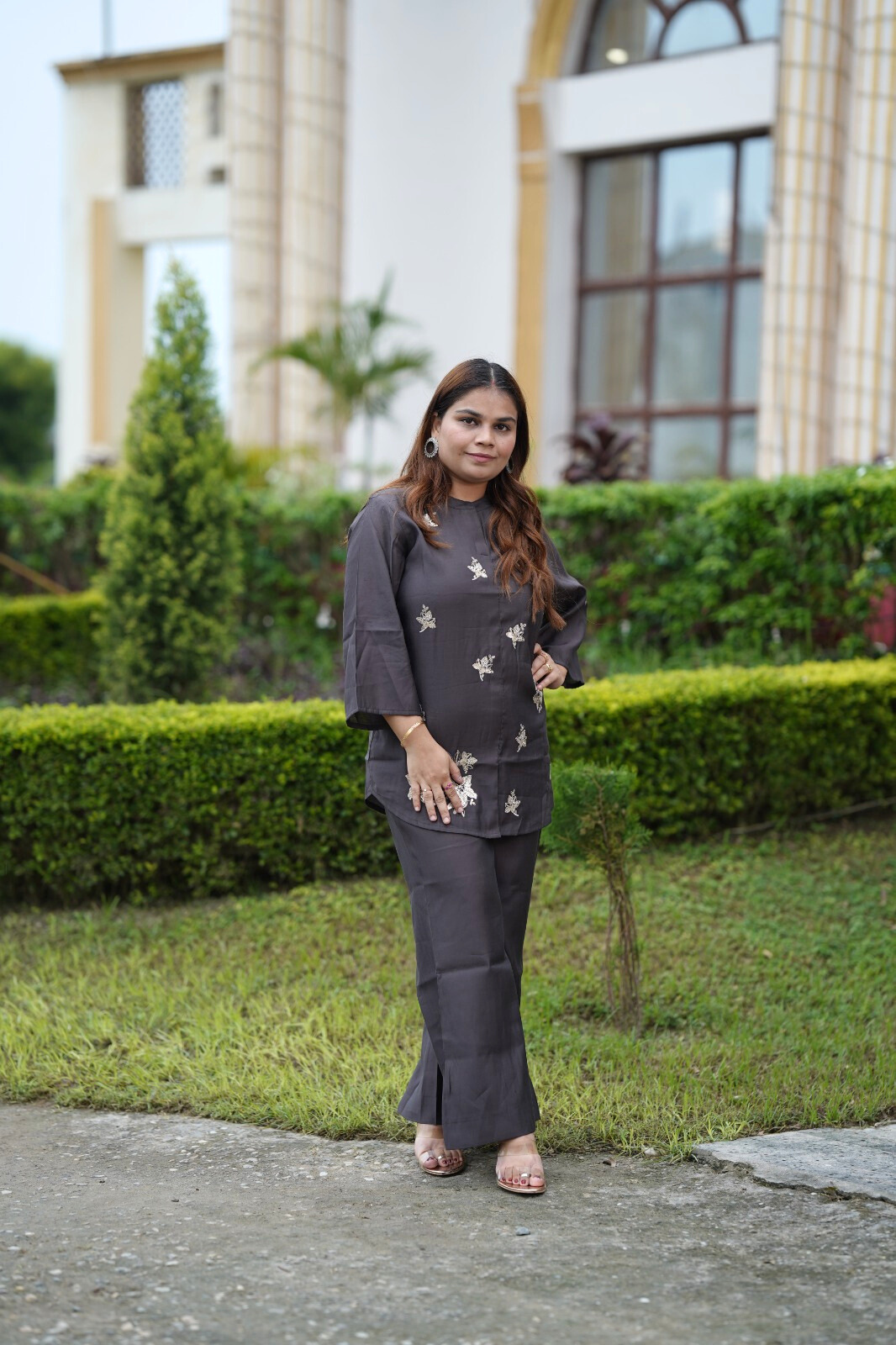 Elegant Grey Silk Co-ord Set with Sequins Work