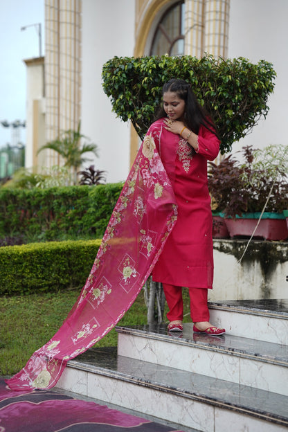 Silk Top & Bottom with Digital Print Organza Dupatta